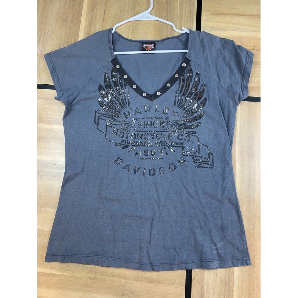 Harley Davidson‎ Womens Gray Rhinestone Wings V Neck T Shirt Alamo City